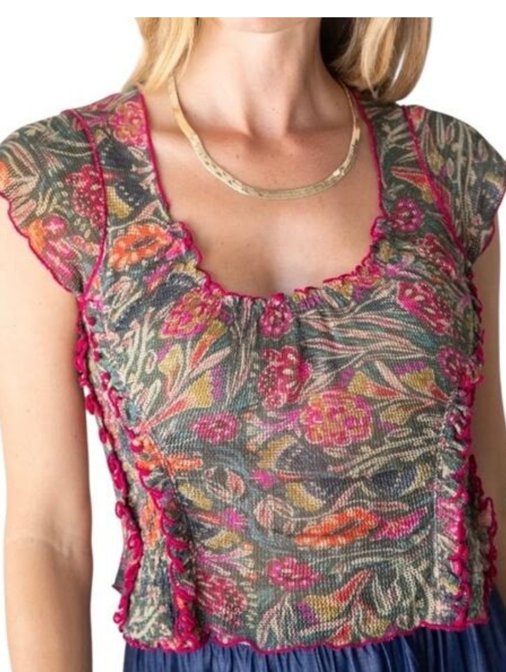 NWT Natural Life Brianna Ruffle Trim Mesh Top In Painterly Vines Size Medium